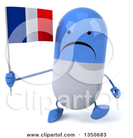 Clipart of a 3d Unhappy Blue and White Pill Character Holding a French Flag and Walking - Royalty Free Illustration by Julos