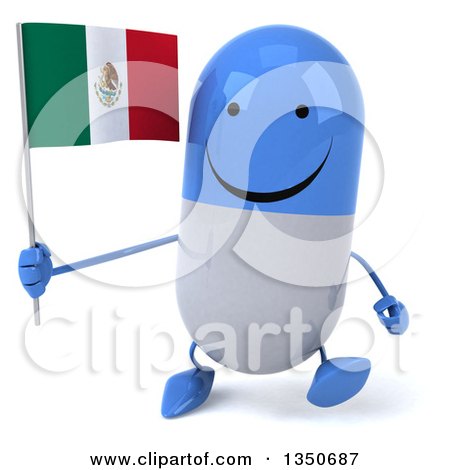 Clipart of a 3d Happy Blue and White Pill Character Holding a Mexican Flag and Walking - Royalty Free Illustration by Julos