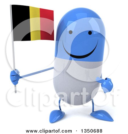 Clipart of a 3d Happy Blue and White Pill Character Holding and Pointing to a Belgian Flag - Royalty Free Illustration by Julos