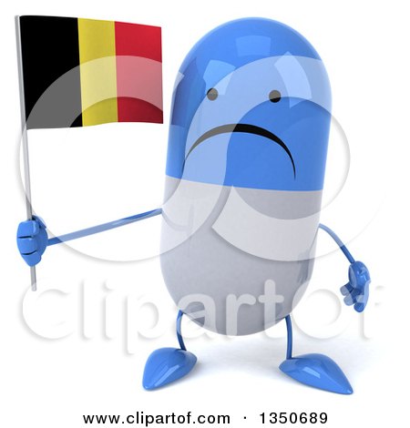 Clipart of a 3d Unhappy Blue and White Pill Character Holding a Belgian Flag - Royalty Free Illustration by Julos