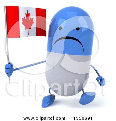 Clipart of a 3d Unhappy Blue and White Pill Character Holding a Canadian Flag and Walking - Royalty Free Illustration by Julos
