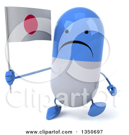 Clipart of a 3d Unhappy Blue and White Pill Character Holding a Japanese Flag and Walking - Royalty Free Illustration by Julos