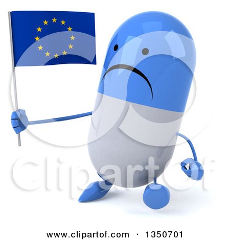 Clipart of a 3d Unhappy Blue and White Pill Character Holding a European Flag and Walking - Royalty Free Illustration by Julos