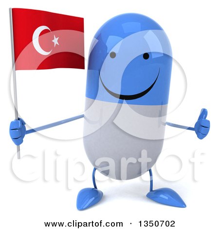 Clipart of a 3d Happy Blue and White Pill Character Holding a Turkish Flag - Royalty Free Illustration by Julos
