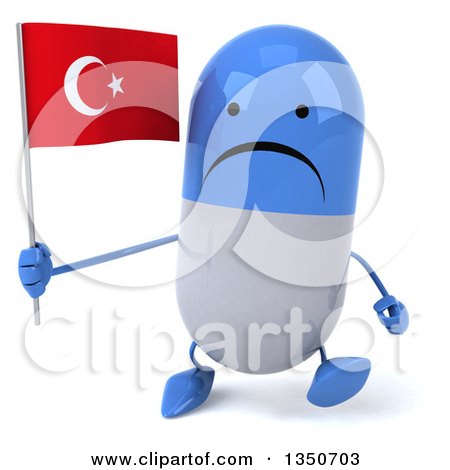 Clipart of a 3d Unhappy Blue and White Pill Character Holding a Turkish Flag and Walking - Royalty Free Illustration by Julos