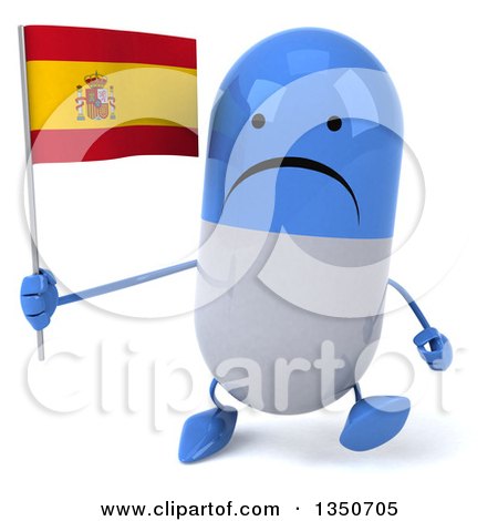 Clipart of a 3d Unhappy Blue and White Pill Character Holding a Spanish Flag and Walking - Royalty Free Illustration by Julos