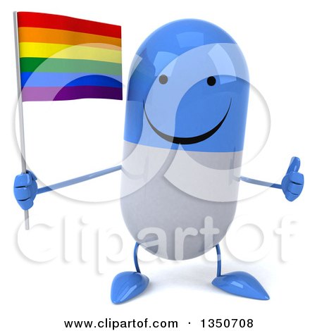 Clipart of a 3d Happy Blue and White Pill Character Holding a Rainbow Flag and Giving a Thumb up - Royalty Free Illustration by Julos