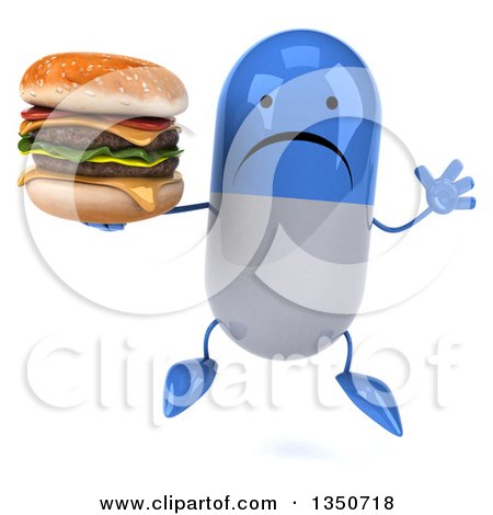 Clipart of a 3d Unhappy Blue and White Pill Character Holding a Double Cheeseburger and Jumping - Royalty Free Illustration by Julos