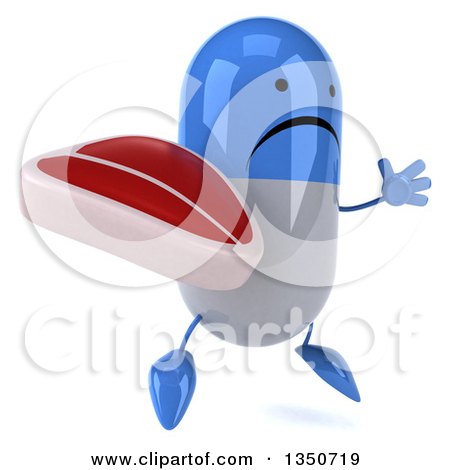 Clipart of a 3d Unhappy Blue and White Pill Character Holding a Beef Steak and Jumping - Royalty Free Illustration by Julos