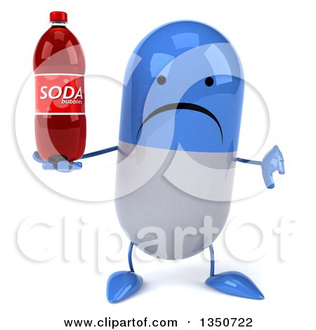 Clipart of a 3d Unhappy Blue and White Pill Character Giving a Thumb down and Holding a Soda Bottle - Royalty Free Illustration by Julos