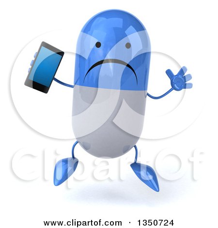 Clipart of a 3d Unhappy Blue and White Pill Character Holding a Smart Phone and Jumping - Royalty Free Illustration by Julos