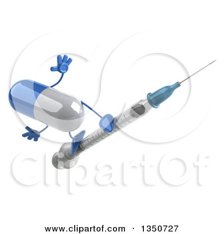 Clipart of a 3d Blue and White Pill Character Surfing on a Vaccine Syringe - Royalty Free Illustration by Julos