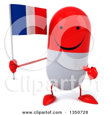 Clipart of a 3d Happy Red and White Pill Character Holding and Pointing to a French Flag - Royalty Free Illustration by Julos