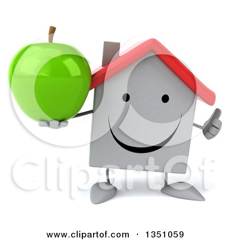 Clipart of a 3d Happy White House Character Holding a Green Apple and Giving a Thumb up - Royalty Free Illustration by Julos