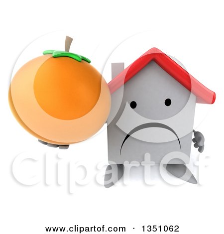 Clipart of a 3d Unhappy White House Character Holding up a Navel Orange - Royalty Free Illustration by Julos