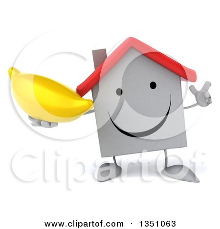 Clipart of a 3d Happy White House Character Holding up a Finger and a Banana - Royalty Free Illustration by Julos