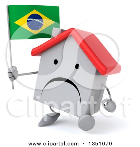 Clipart of a 3d Unhappy White House Character Holding a Brazilian Flag and Walking - Royalty Free Illustration by Julos