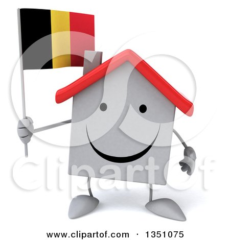 Clipart of a 3d Happy White House Character Holding a Belgian Flag - Royalty Free Illustration by Julos