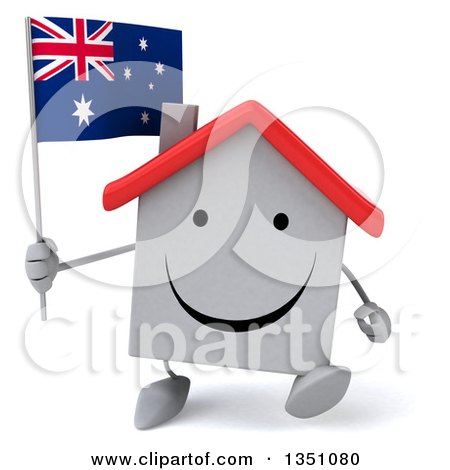 Clipart of a 3d Happy White House Character Holding an Australian Flag and Walking - Royalty Free Illustration by Julos