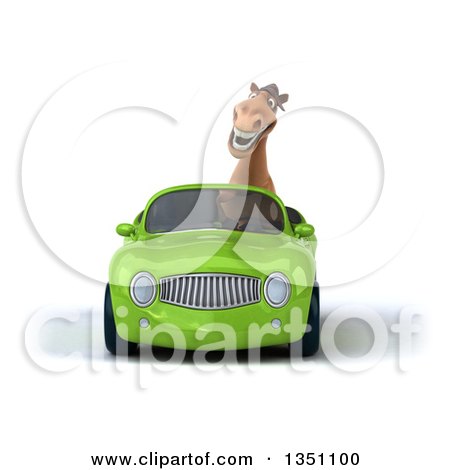 Clipart of a 3d Brown Horse Driving a Green Convertible Car - Royalty Free Illustration by Julos
