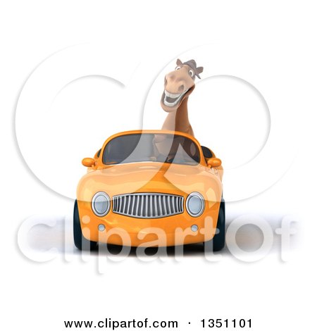Clipart of a 3d Brown Horse Driving an Orange Convertible Car - Royalty Free Illustration by Julos