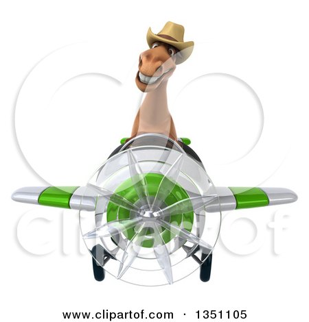 Clipart of a 3d Brown Cowboy Horse Aviator Pilot Flying a White and Green Airplane - Royalty Free Illustration by Julos
