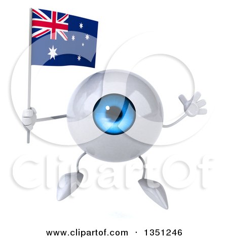 Clipart of a 3d Blue Eyeball Character Holding an Australian Flag and Jumping - Royalty Free Illustration by Julos