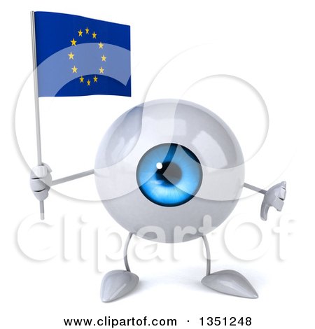 Clipart of a 3d Blue Eyeball Character Holding a European Flag and Giving a Thumb down - Royalty Free Illustration by Julos