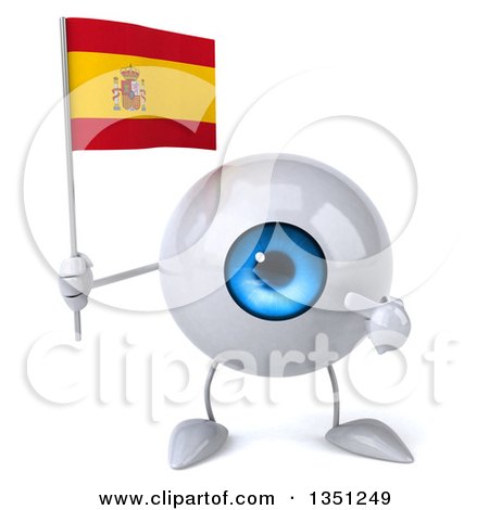 Clipart of a 3d Blue Eyeball Character Holding and Pointing to a Spanish Flag - Royalty Free Illustration by Julos
