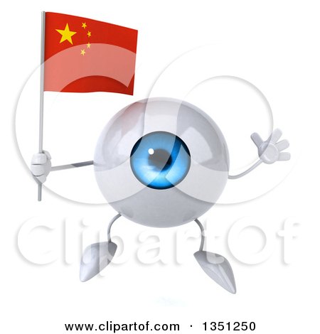Clipart of a 3d Blue Eyeball Character Holding a Chinese Flag and Jumping - Royalty Free Illustration by Julos