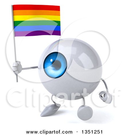 Clipart of a 3d Blue Eyeball Character Holding a Rainbow Flag and Walking - Royalty Free Illustration by Julos