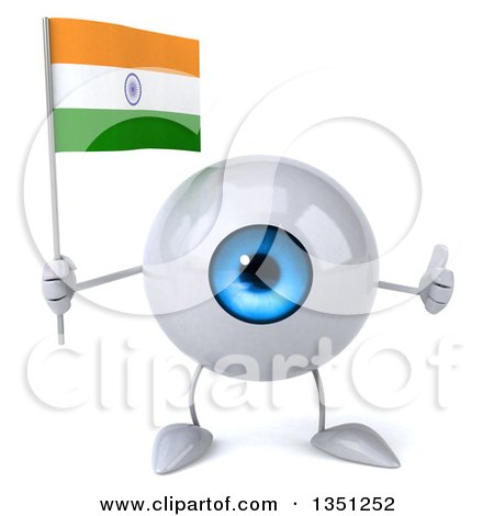 Clipart of a 3d Blue Eyeball Character Holding an Indian Flag and Giving a Thumb up - Royalty Free Illustration by Julos