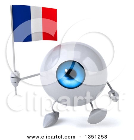 Clipart of a 3d Blue Eyeball Character Holding a French Flag and Walking - Royalty Free Illustration by Julos