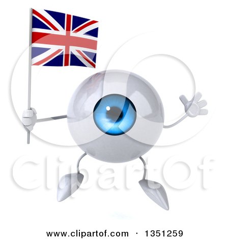 Clipart of a 3d Blue Eyeball Character Holding a British Union Jack Flag and Jumping - Royalty Free Illustration by Julos