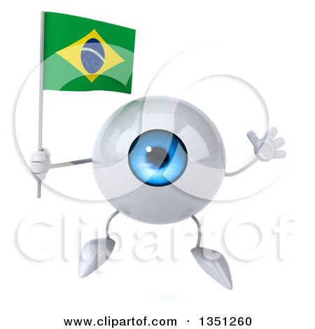Clipart of a 3d Blue Eyeball Character Holding a Brazilian Flag and Jumping - Royalty Free Illustration by Julos