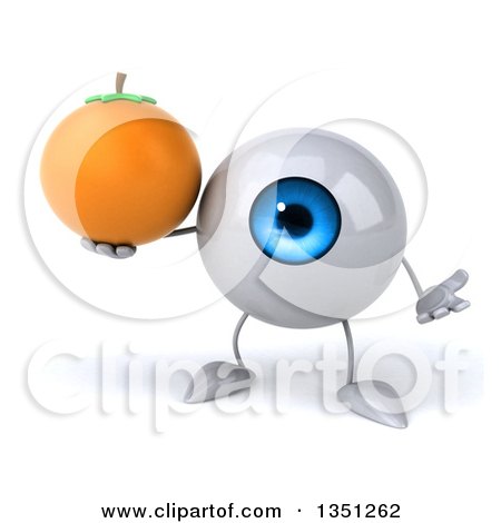 Clipart of a 3d Blue Eyeball Character Shrugging and Holding a Navel Orange - Royalty Free Illustration by Julos