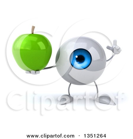 Clipart of a 3d Blue Eyeball Character Holding up a Finger and a Green Apple - Royalty Free Illustration by Julos