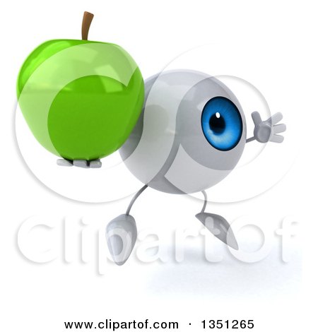 Clipart of a 3d Blue Eyeball Character Holding a Green Apple and Jumping - Royalty Free Illustration by Julos