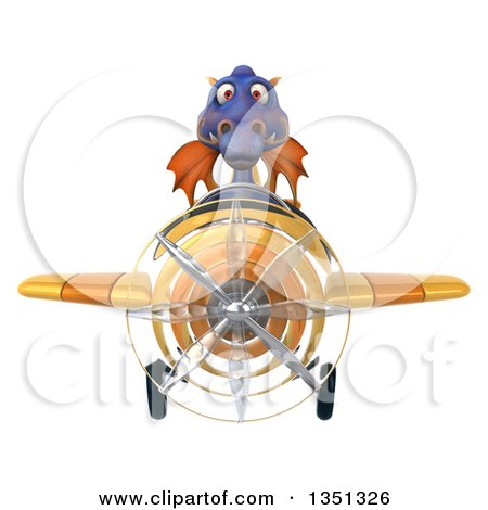 Clipart of a 3d Purple Dragon Aviator Pilot Flying a Yellow Airplane - Royalty Free Illustration by Julos