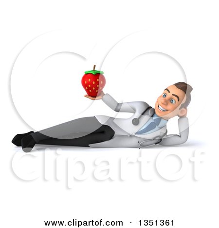 Clipart of a 3d Young Brunette White Male Nutritionist Doctor Holding a Strawberry and Resting on His Side - Royalty Free Illustration by Julos