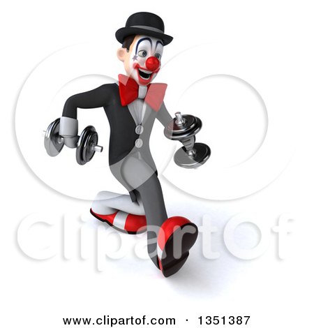 Clipart of a 3d White and Black Clown Speed Walking to the Right with Dumbbells - Royalty Free Illustration by Julos