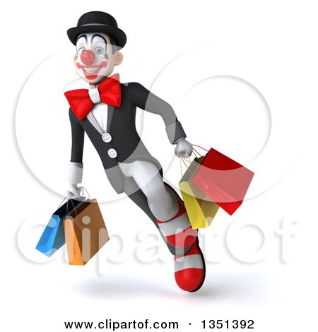 Clipart of a 3d White and Black Clown Carrying Shopping Bags and Flying - Royalty Free Illustration by Julos