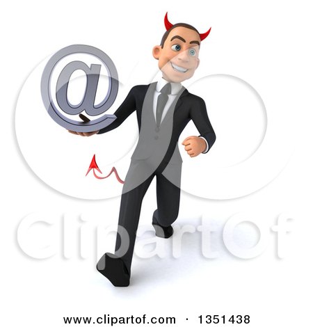 Clipart of a 3d Young White Devil Businessman Holding an Email Arobase at Symbol and Speed Walking - Royalty Free Illustration by Julos