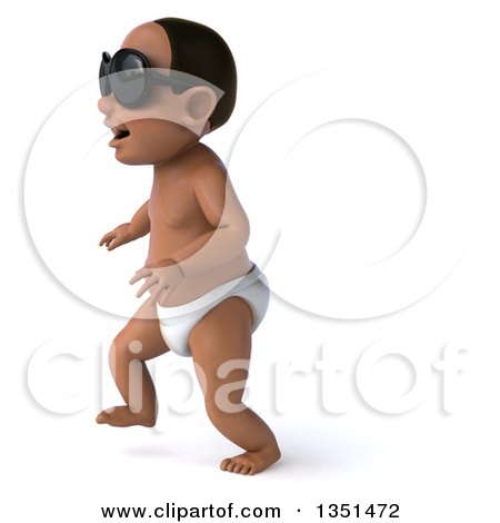 Clipart of a 3d Black Baby Boy Wearing Sunglasses and Walking to the Left - Royalty Free Illustration by Julos