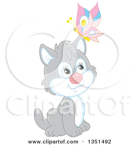 Clipart of a Cute Gray and White Kitten Sitting with a Butterfly on His Ear - Royalty Free Vector Illustration by Alex Bannykh