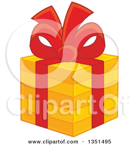Clipart of a Striped Orange Gift Box with a Red Bow and Ribbon - Royalty Free Vector Illustration by Alex Bannykh