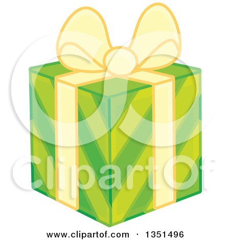 Clipart of a Green Striped Gift Box with a Yellow Bow and Ribbon - Royalty Free Vector Illustration by Alex Bannykh