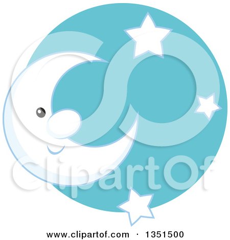 Clipart of a Happy Crescent Moon with Stars over a Blue Circle - Royalty Free Vector Illustration by Alex Bannykh