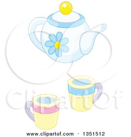 Clipart of a Pastel Blue Floral Tea Pot and Cups - Royalty Free Vector Illustration by Alex Bannykh
