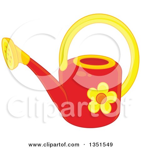 Clipart of a Red and Yellow Watering Can with a Daisy Flower - Royalty Free Vector Illustration by Alex Bannykh